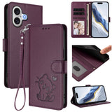 Embossed Heart Cat Leather Phone Case with Hand Strap, For iPhone 17e / 16e, For iPhone 17 Pro Max, For iPhone 17 Pro, For iPhone 17