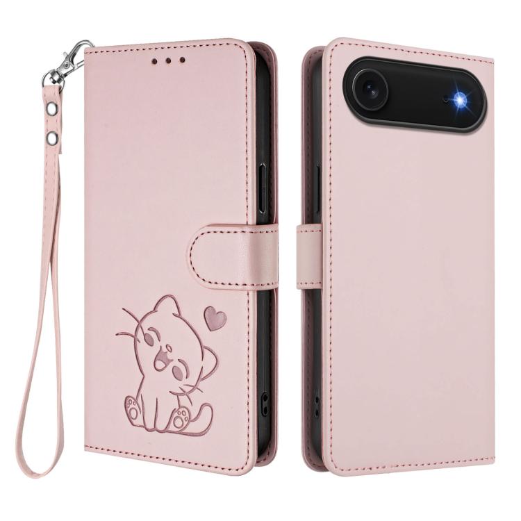 Embossed Heart Cat Leather Phone Case with Hand Strap, For iPhone Air, For iPhone 16 Pro Max, For iPhone 16 Pro, For iPhone 16 Plus
