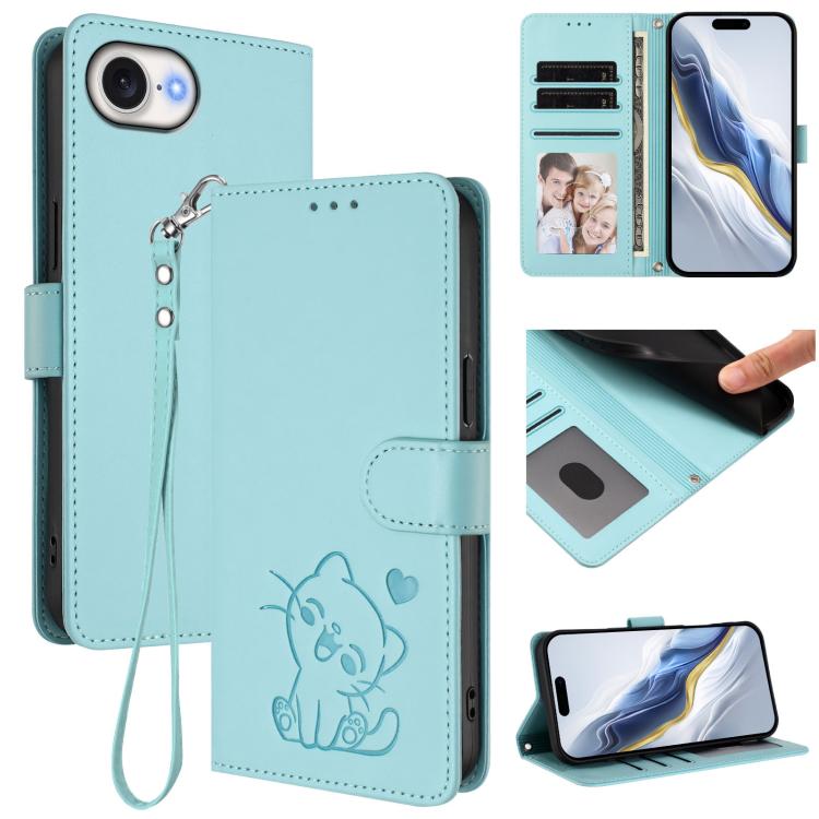 Embossed Heart Cat Leather Phone Case with Hand Strap, For iPhone 17e / 16e, For iPhone 17 Pro Max, For iPhone 17 Pro, For iPhone 17