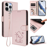 Embossed Heart Cat Leather Phone Case with Hand Strap, For iPhone Air, For iPhone 16 Pro Max, For iPhone 16 Pro, For iPhone 16 Plus