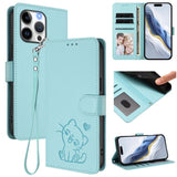 Embossed Heart Cat Leather Phone Case with Hand Strap, For iPhone Air, For iPhone 16 Pro Max, For iPhone 16 Pro, For iPhone 16 Plus