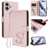 Embossed Heart Cat Leather Phone Case with Hand Strap, For iPhone Air, For iPhone 16 Pro Max, For iPhone 16 Pro, For iPhone 16 Plus