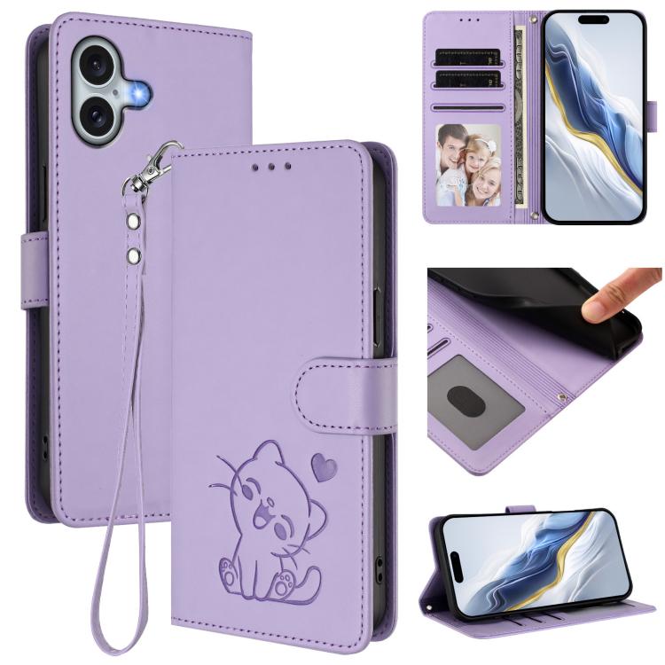 Embossed Heart Cat Leather Phone Case with Hand Strap, For iPhone Air, For iPhone 16 Pro Max, For iPhone 16 Pro, For iPhone 16 Plus