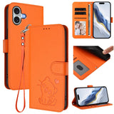 Embossed Heart Cat Leather Phone Case with Hand Strap, For iPhone Air, For iPhone 16 Pro Max, For iPhone 16 Pro, For iPhone 16 Plus