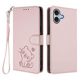 Embossed Heart Cat Leather Phone Case with Hand Strap, For iPhone 16, For iPhone 15 Pro Max, For iPhone 15 Pro, For iPhone 15 Plus