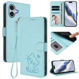 Embossed Heart Cat Leather Phone Case with Hand Strap, For iPhone 16, For iPhone 15 Pro Max, For iPhone 15 Pro, For iPhone 15 Plus