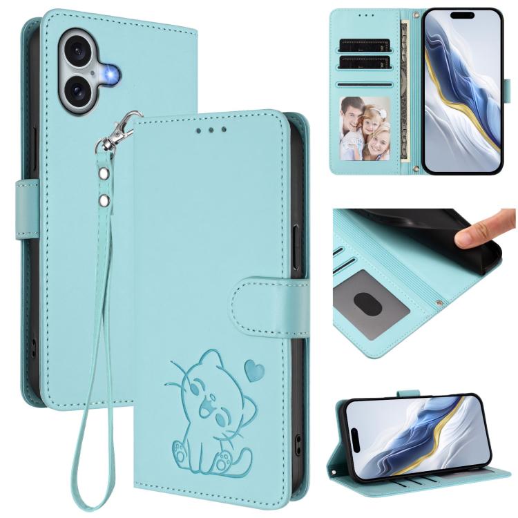 Embossed Heart Cat Leather Phone Case with Hand Strap, For iPhone 16, For iPhone 15 Pro Max, For iPhone 15 Pro, For iPhone 15 Plus