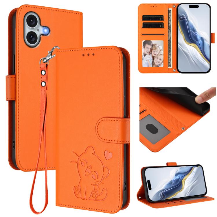Embossed Heart Cat Leather Phone Case with Hand Strap, For iPhone 16, For iPhone 15 Pro Max, For iPhone 15 Pro, For iPhone 15 Plus