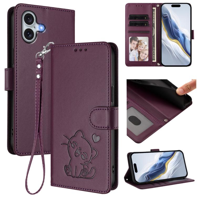 Embossed Heart Cat Leather Phone Case with Hand Strap, For iPhone 16, For iPhone 15 Pro Max, For iPhone 15 Pro, For iPhone 15 Plus