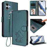Embossed Heart Cat Leather Phone Case with Hand Strap, For iPhone 16, For iPhone 15 Pro Max, For iPhone 15 Pro, For iPhone 15 Plus