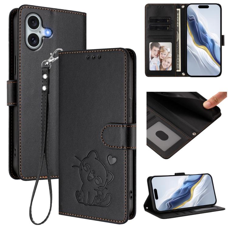 Embossed Heart Cat Leather Phone Case with Hand Strap, For iPhone 16, For iPhone 15 Pro Max, For iPhone 15 Pro, For iPhone 15 Plus