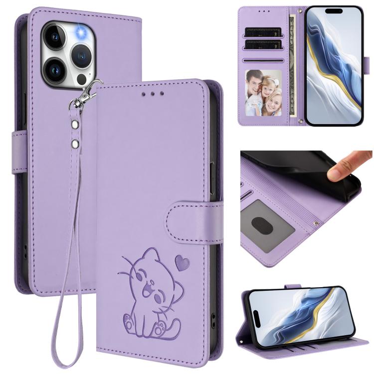 Embossed Heart Cat Leather Phone Case with Hand Strap, For iPhone 16, For iPhone 15 Pro Max, For iPhone 15 Pro, For iPhone 15 Plus