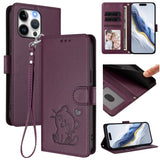 Embossed Heart Cat Leather Phone Case with Hand Strap, For iPhone 16, For iPhone 15 Pro Max, For iPhone 15 Pro, For iPhone 15 Plus