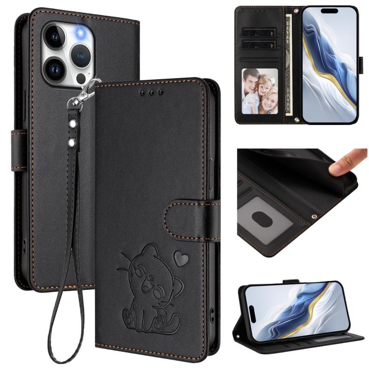 Embossed Heart Cat Leather Phone Case with Hand Strap, For iPhone 16, For iPhone 15 Pro Max, For iPhone 15 Pro, For iPhone 15 Plus