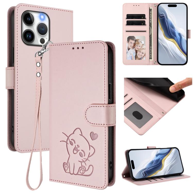Embossed Heart Cat Leather Phone Case with Hand Strap, For iPhone 16, For iPhone 15 Pro Max, For iPhone 15 Pro, For iPhone 15 Plus