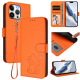 Embossed Heart Cat Leather Phone Case with Hand Strap, For iPhone 16, For iPhone 15 Pro Max, For iPhone 15 Pro, For iPhone 15 Plus