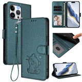 Embossed Heart Cat Leather Phone Case with Hand Strap, For iPhone 16, For iPhone 15 Pro Max, For iPhone 15 Pro, For iPhone 15 Plus