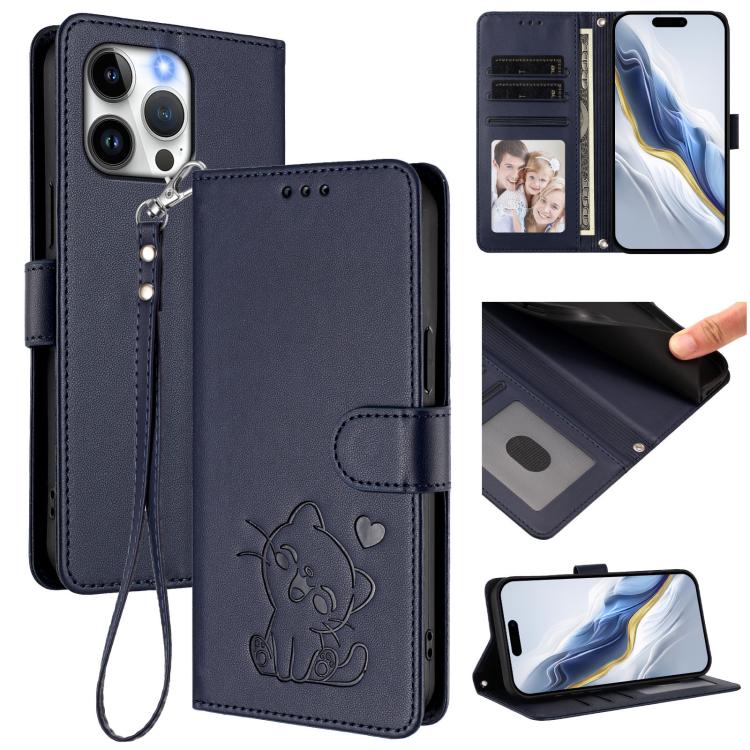 Embossed Heart Cat Leather Phone Case with Hand Strap, For iPhone 16, For iPhone 15 Pro Max, For iPhone 15 Pro, For iPhone 15 Plus