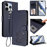Embossed Heart Cat Leather Phone Case with Hand Strap, For iPhone 16, For iPhone 15 Pro Max, For iPhone 15 Pro, For iPhone 15 Plus