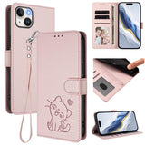 Embossed Heart Cat Leather Phone Case with Hand Strap, For iPhone 16, For iPhone 15 Pro Max, For iPhone 15 Pro, For iPhone 15 Plus