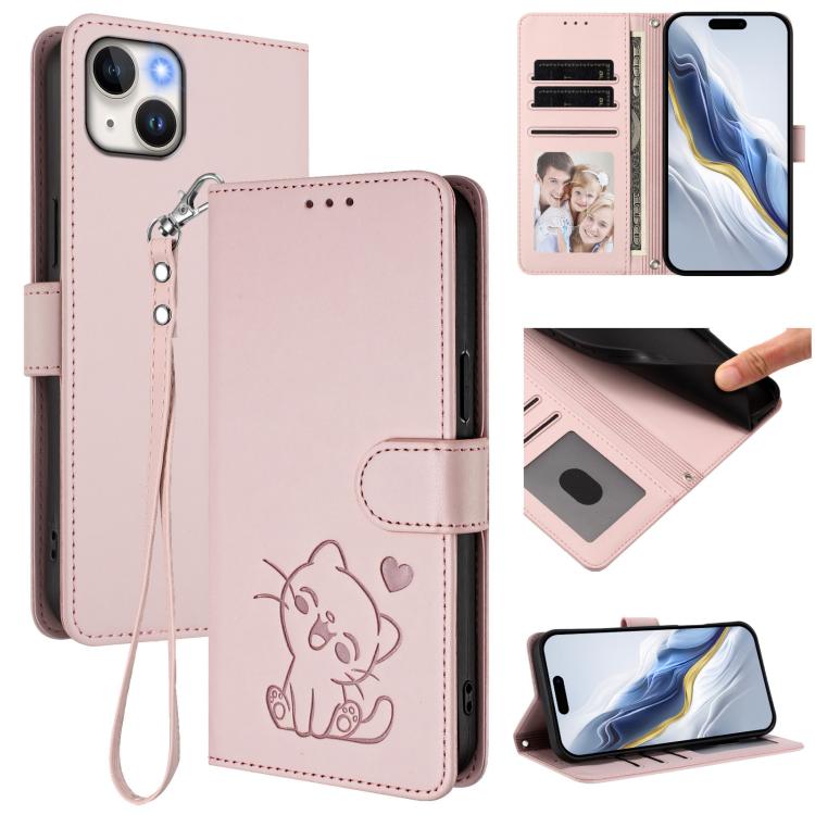Embossed Heart Cat Leather Phone Case with Hand Strap, For iPhone 16, For iPhone 15 Pro Max, For iPhone 15 Pro, For iPhone 15 Plus