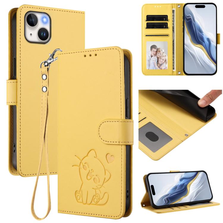 Embossed Heart Cat Leather Phone Case with Hand Strap, For iPhone 16, For iPhone 15 Pro Max, For iPhone 15 Pro, For iPhone 15 Plus