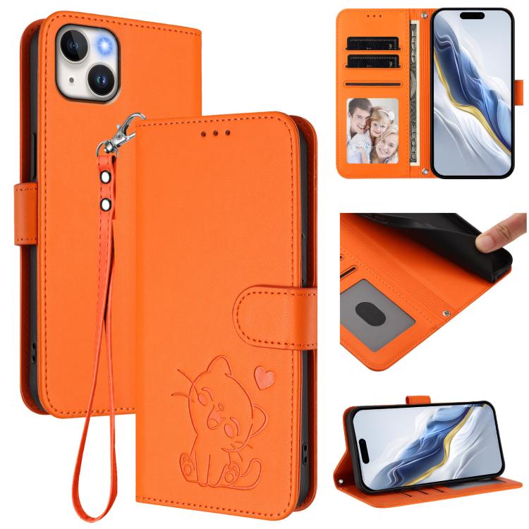 Embossed Heart Cat Leather Phone Case with Hand Strap, For iPhone 16, For iPhone 15 Pro Max, For iPhone 15 Pro, For iPhone 15 Plus