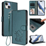 Embossed Heart Cat Leather Phone Case with Hand Strap, For iPhone 16, For iPhone 15 Pro Max, For iPhone 15 Pro, For iPhone 15 Plus