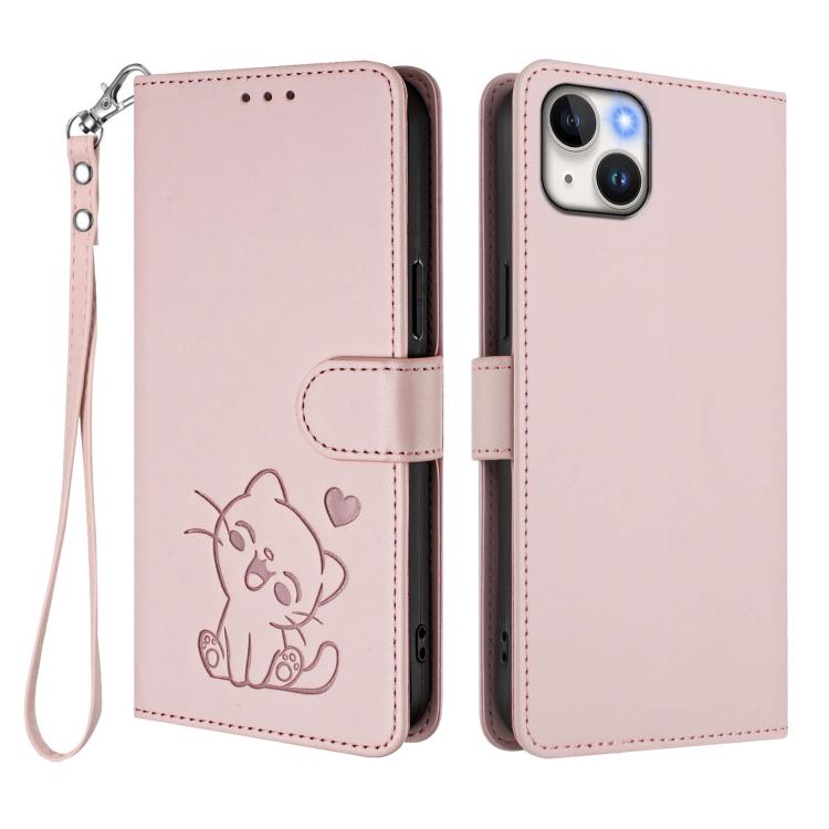 Embossed Heart Cat Leather Phone Case with Hand Strap, For iPhone 15, For iPhone 14 Plus, For iPhone 14 / 13, For iPhone 14 Pro