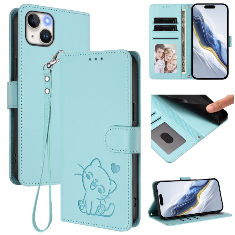 Embossed Heart Cat Leather Phone Case with Hand Strap, For iPhone 15, For iPhone 14 Plus, For iPhone 14 / 13, For iPhone 14 Pro