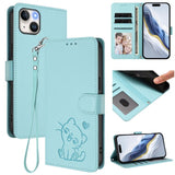 Embossed Heart Cat Leather Phone Case with Hand Strap, For iPhone 15, For iPhone 14 Plus, For iPhone 14 / 13, For iPhone 14 Pro