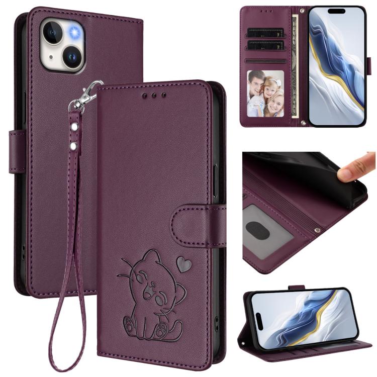Embossed Heart Cat Leather Phone Case with Hand Strap, For iPhone 15, For iPhone 14 Plus, For iPhone 14 / 13, For iPhone 14 Pro
