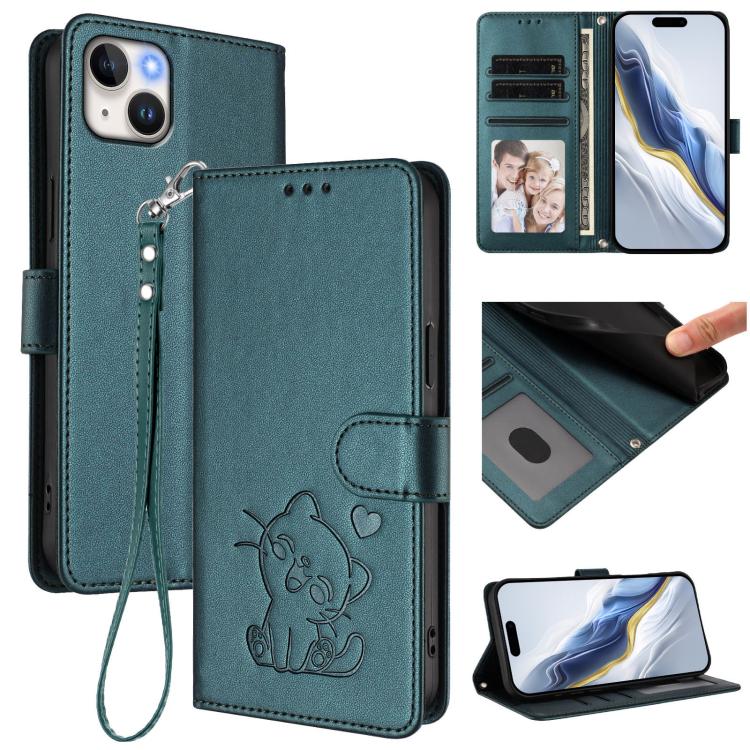 Embossed Heart Cat Leather Phone Case with Hand Strap, For iPhone 15, For iPhone 14 Plus, For iPhone 14 / 13, For iPhone 14 Pro