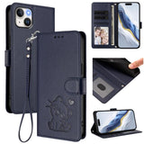 Embossed Heart Cat Leather Phone Case with Hand Strap, For iPhone 15, For iPhone 14 Plus, For iPhone 14 / 13, For iPhone 14 Pro