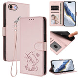 Embossed Heart Cat Leather Phone Case with Hand Strap, For iPhone 14 Pro Max, For iPhone 7 / 8 / SE 2022, For iPhone 13 Pro Max, For iPhone 13 Pro