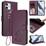 Embossed Heart Cat Leather Phone Case with Hand Strap, For iPhone 11 Pro Max, For iPhone 11, For iPhone 11 Pro, For iPhone X / XS