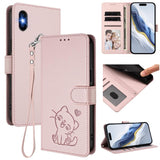 Embossed Heart Cat Leather Phone Case with Hand Strap, For iPhone 11 Pro Max, For iPhone 11, For iPhone 11 Pro, For iPhone X / XS