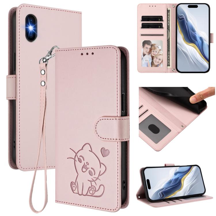 Embossed Heart Cat Leather Phone Case with Hand Strap, For iPhone 11 Pro Max, For iPhone 11, For iPhone 11 Pro, For iPhone X / XS