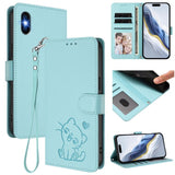 Embossed Heart Cat Leather Phone Case with Hand Strap, For iPhone 11 Pro Max, For iPhone 11, For iPhone 11 Pro, For iPhone X / XS