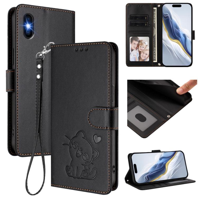 Embossed Heart Cat Leather Phone Case with Hand Strap, For iPhone 11 Pro Max, For iPhone 11, For iPhone 11 Pro, For iPhone X / XS