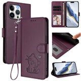 Embossed Heart Cat Leather Phone Case with Hand Strap, For iPhone 15, For iPhone 14 Plus, For iPhone 14 / 13, For iPhone 14 Pro