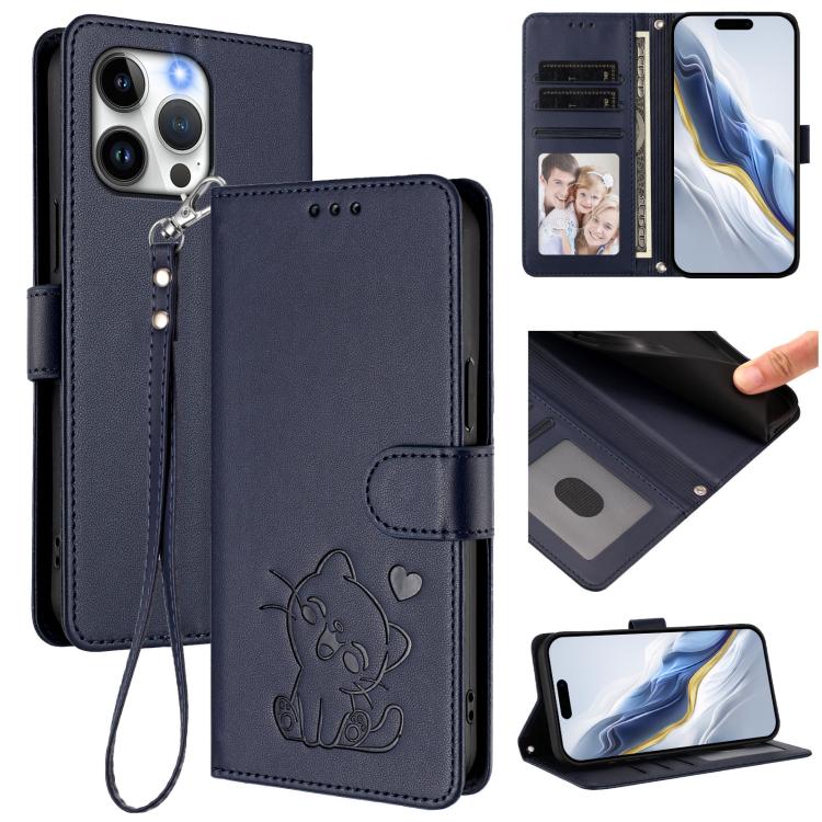 Embossed Heart Cat Leather Phone Case with Hand Strap, For iPhone 15, For iPhone 14 Plus, For iPhone 14 / 13, For iPhone 14 Pro