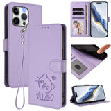 Embossed Heart Cat Leather Phone Case with Hand Strap, For iPhone 14 Pro Max, For iPhone 7 / 8 / SE 2022, For iPhone 13 Pro Max, For iPhone 13 Pro