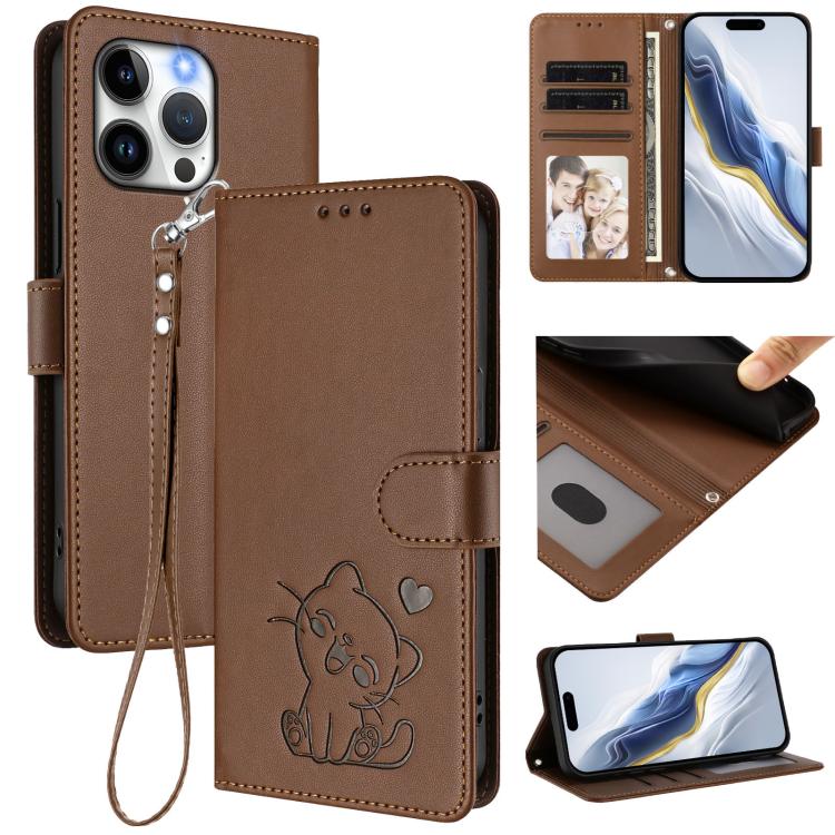 Embossed Heart Cat Leather Phone Case with Hand Strap, For iPhone 14 Pro Max, For iPhone 7 / 8 / SE 2022, For iPhone 13 Pro Max, For iPhone 13 Pro