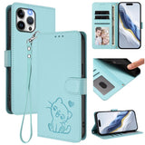 Embossed Heart Cat Leather Phone Case with Hand Strap, For iPhone 13 mini, For iPhone 12 / 12 Pro, For iPhone 12 Pro Max, For iPhone 12 mini