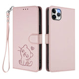 Embossed Heart Cat Leather Phone Case with Hand Strap, For iPhone 11 Pro Max, For iPhone 11, For iPhone 11 Pro, For iPhone X / XS