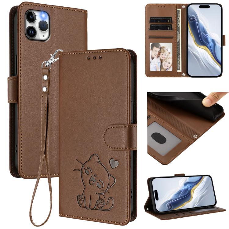 Embossed Heart Cat Leather Phone Case with Hand Strap, For iPhone 11 Pro Max, For iPhone 11, For iPhone 11 Pro, For iPhone X / XS