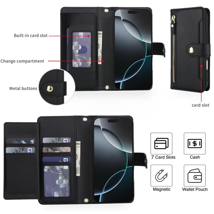 Seven Card Slots Zipper Wallet Leather Phone Case with Lanyard, For iPhone 17 Pro Max, For iPhone 17 Pro, For iPhone 17, For iPhone Air, For iPhone 16 Pro Max, For iPhone 16 Pro