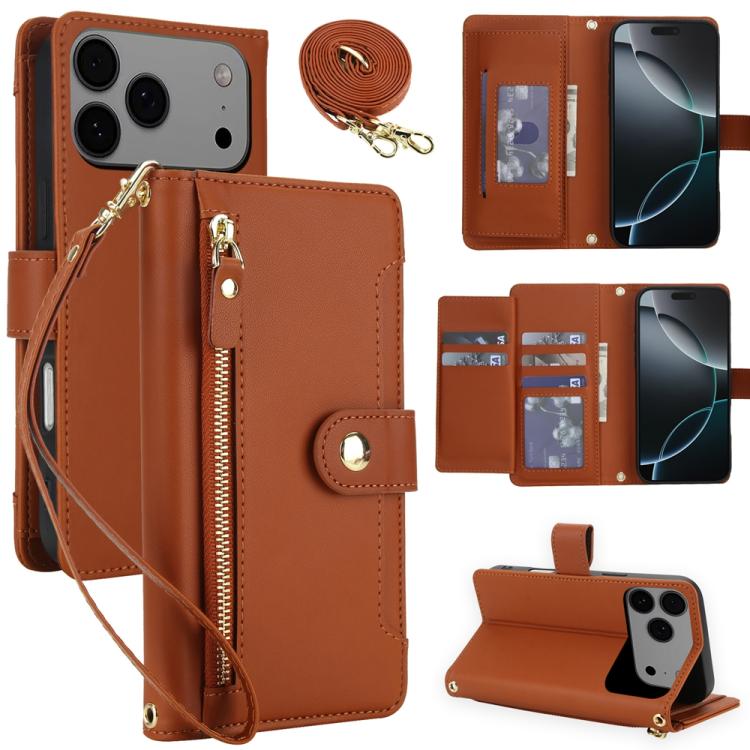Seven Card Slots Zipper Wallet Leather Phone Case with Lanyard, For iPhone 17 Pro Max, For iPhone 17 Pro, For iPhone 17, For iPhone Air, For iPhone 16 Pro Max, For iPhone 16 Pro