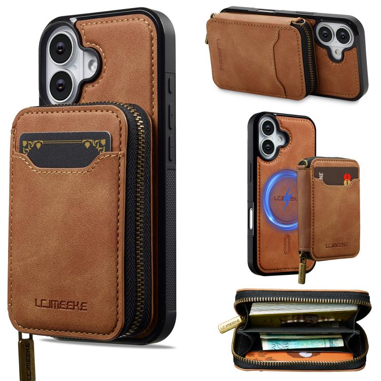 LC.IMEEKE L6 Series Zipper Card Bag MagSafe Magnetic Phone Case, For iPhone 17e / 16e, For iPhone 17 Pro Max, For iPhone 17 Pro, For iPhone 17, For iPhone Air, For iPhone 16 Pro Max, For iPhone 15 Pro Max, For iPhone 15 Plus